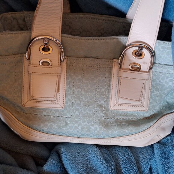 Vintage Coach Tote Purse blue and cream - Picture 1 of 2
